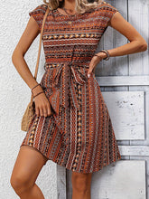 Printed Tied Waist A-Line Loose Round-Neck Mini Dresses